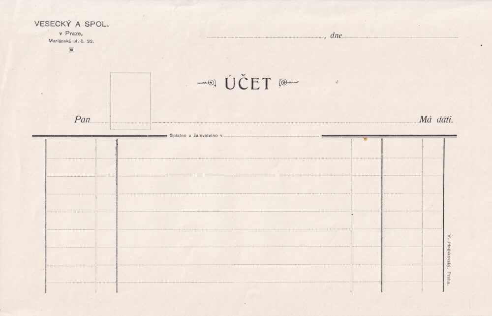 Hlavičkový účet Vesecký a spol. Praha