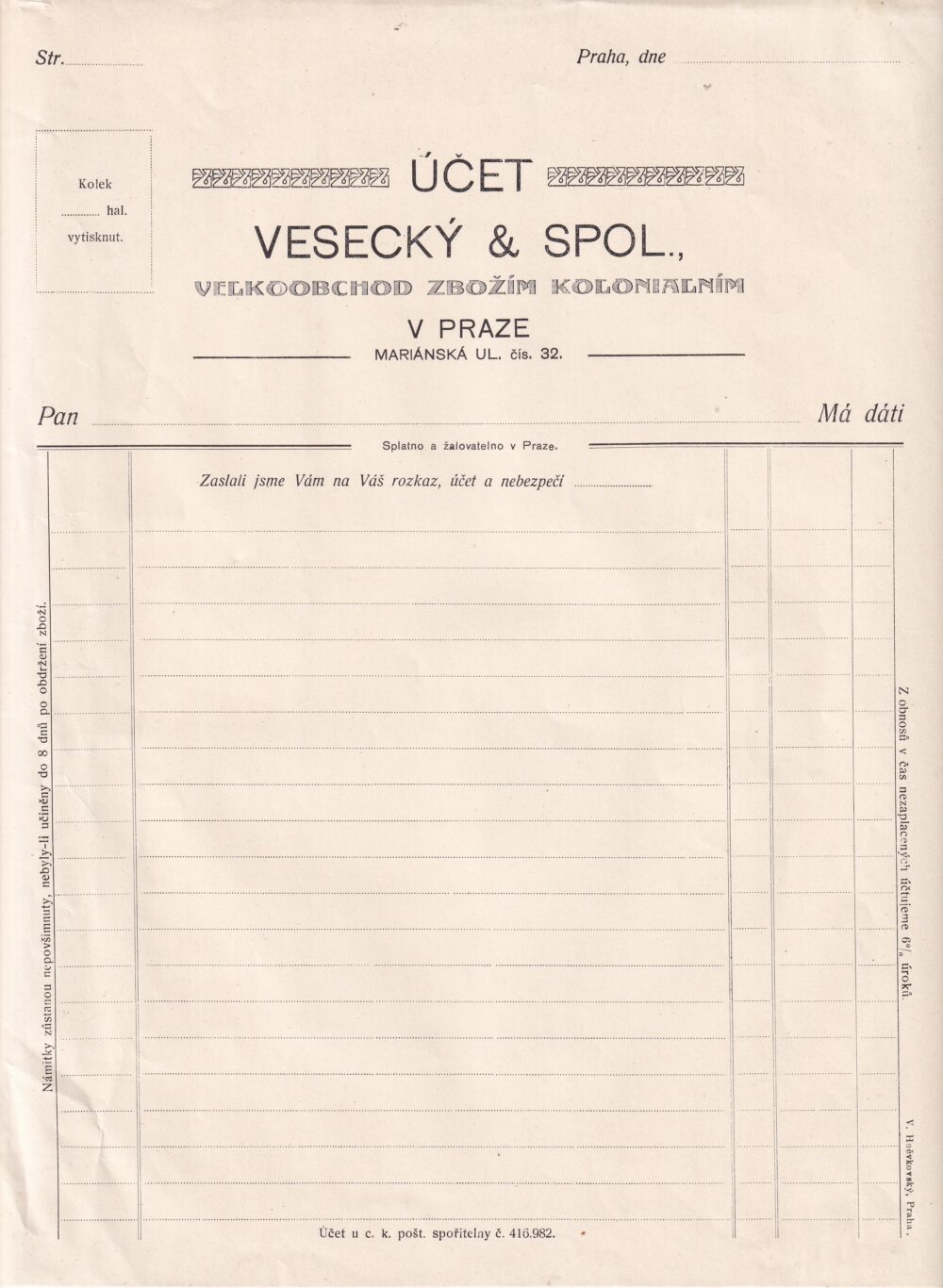 Hlavičkový účet Koloniální zboží Vesecký a spol.