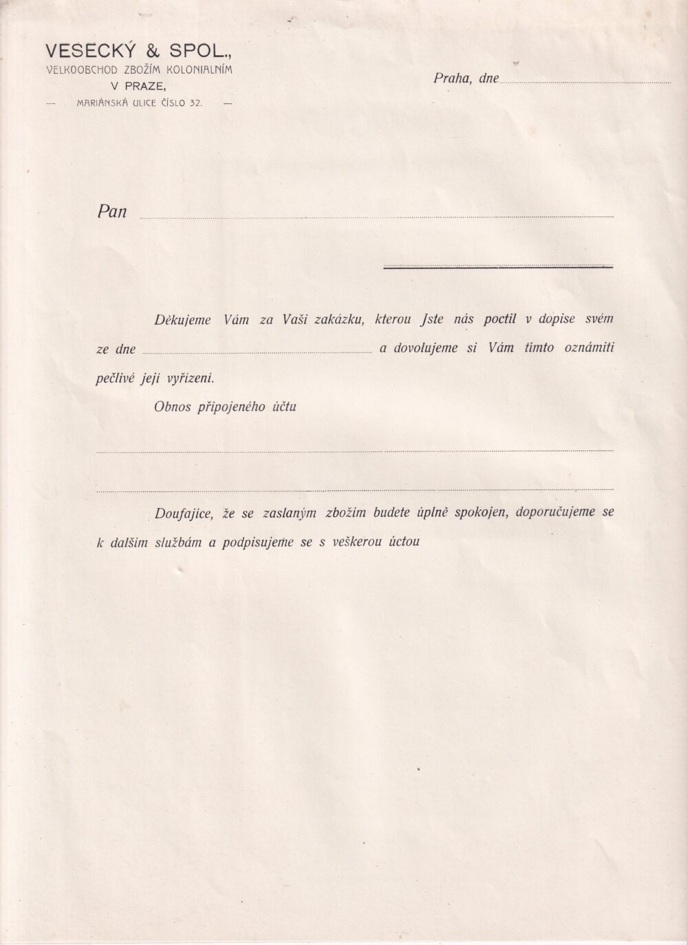 Hlavičkový účet Koloniální zboží Vesecký a spol.