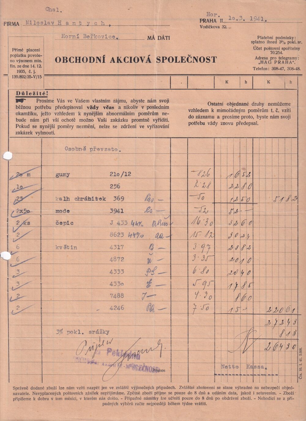 Hlavičkový účet Obchodní a. s., Praha, 1941
