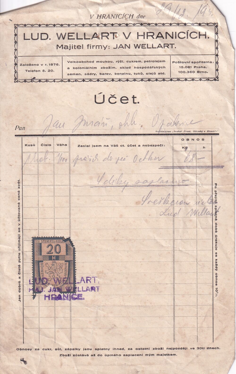 Hlavičkový účet Koloniální zboží, J. Wellart
