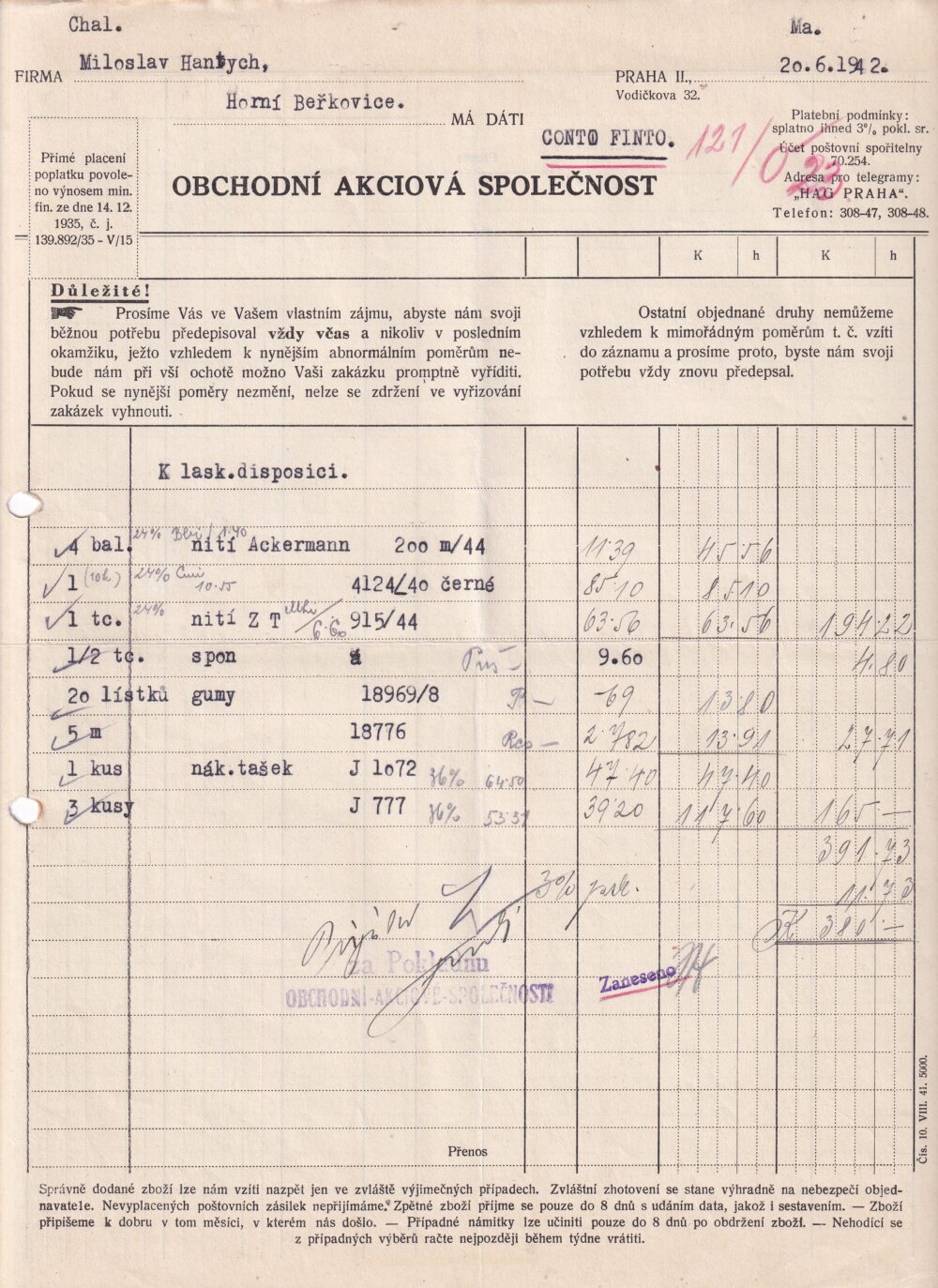 Hlavičkový účet Obchodní a. s., Praha, 1942