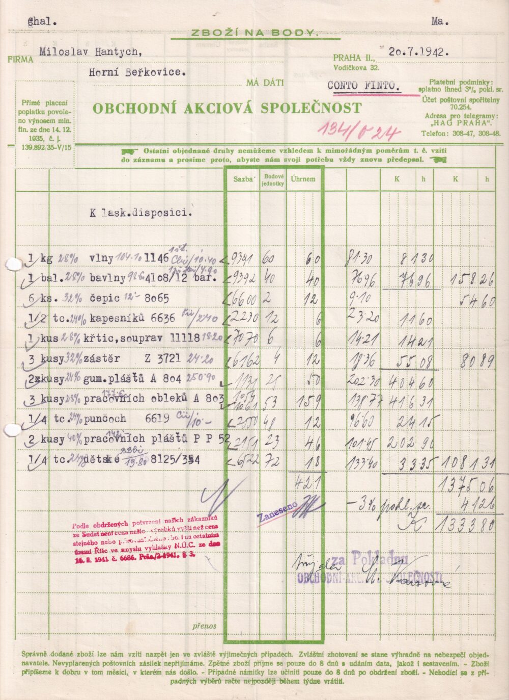 Hlavičkový účet Obchodní a. s., Praha, 1942