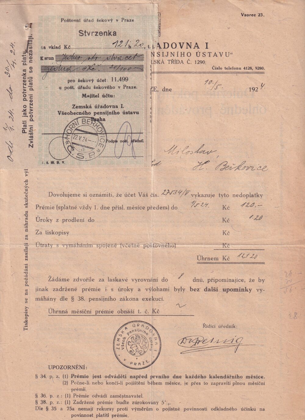 Hlavičkový účet Zemská úřadovna, 1924