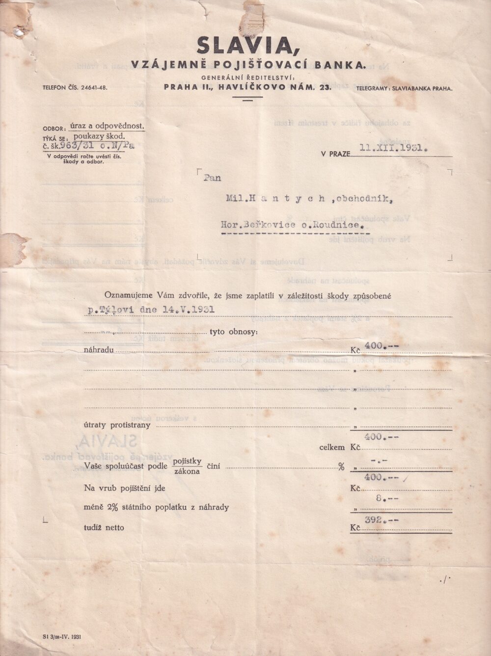 Hlavičkový účet Banka Slavia, Praha, 1931