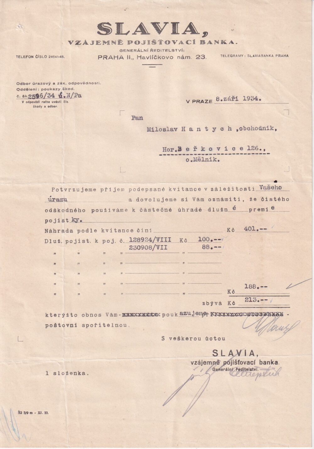 Hlavičkový účet Banka Slavia, Praha, 1934