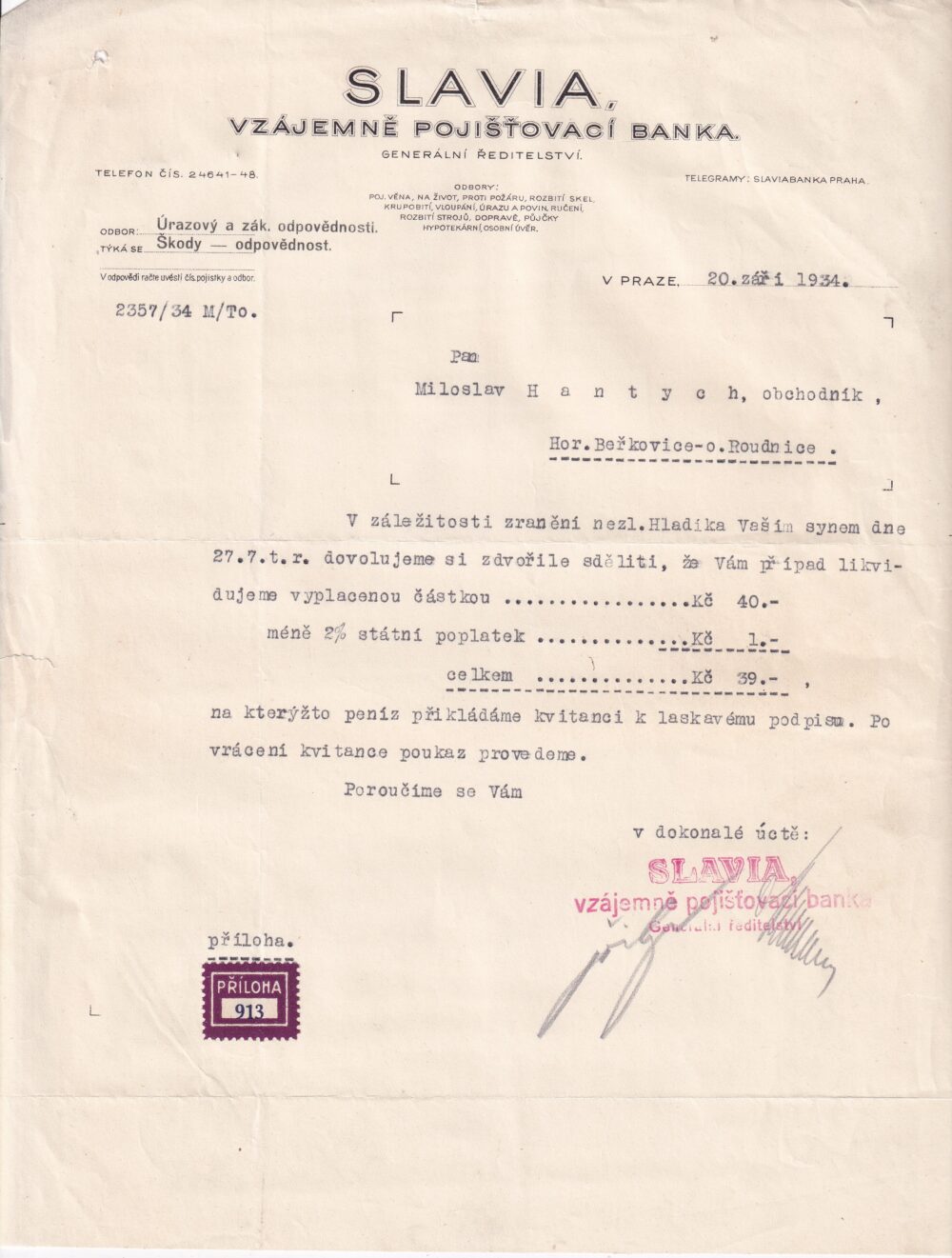 Hlavičkový účet Banka Slavia, Praha, 1934