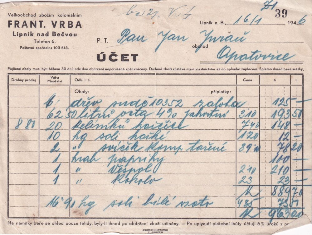 Hlavičkový účet Koloniální zboží, F. Vrba