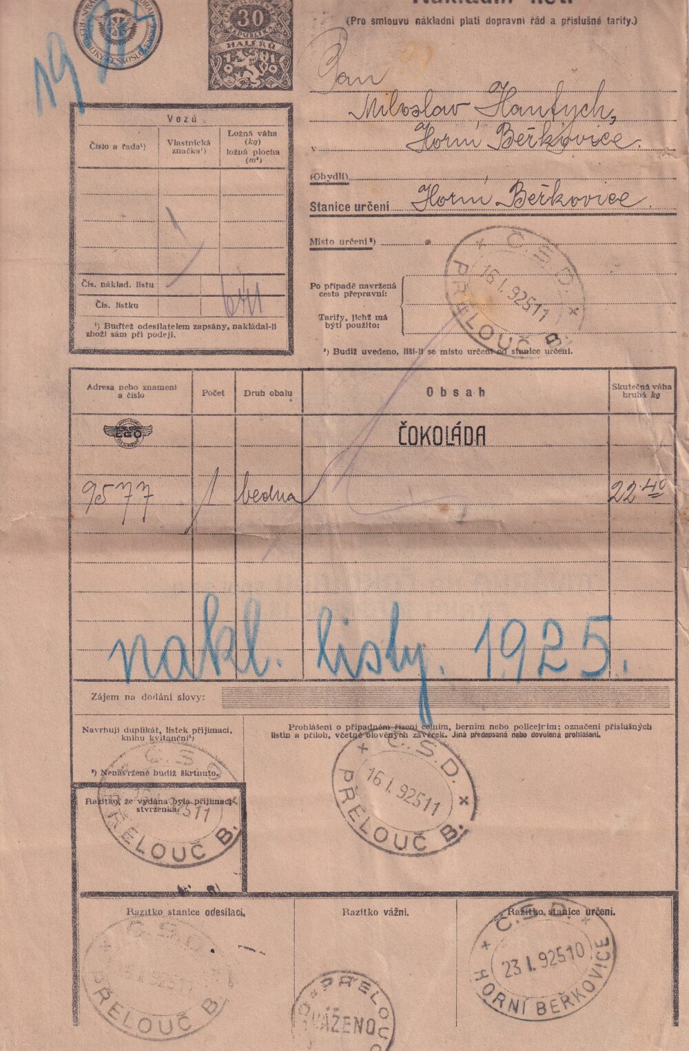 Hlavičkový účet Nákladní list, M. Hantych