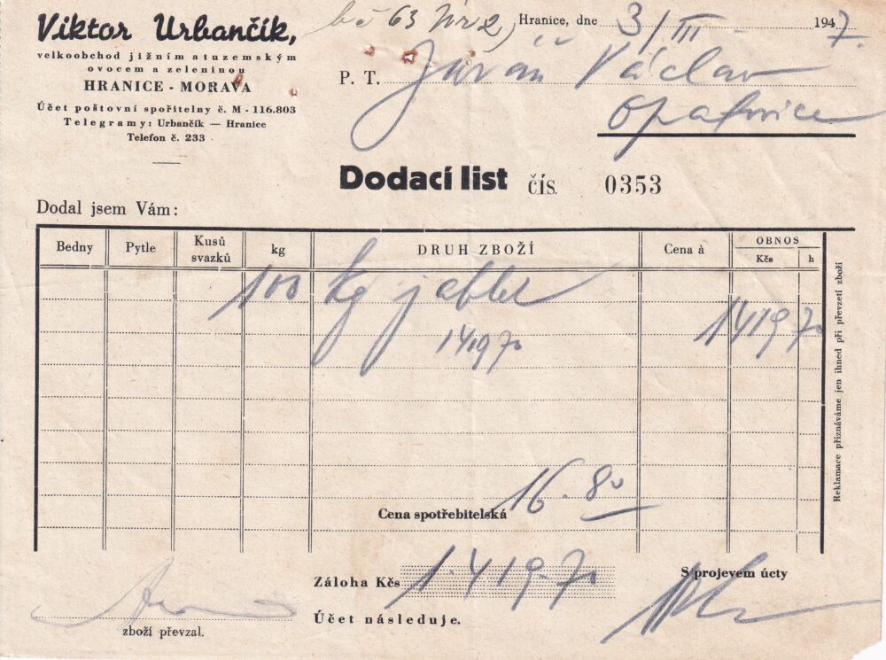 Hlavičkový účet Ovoce a zelenina, V. Urbančík