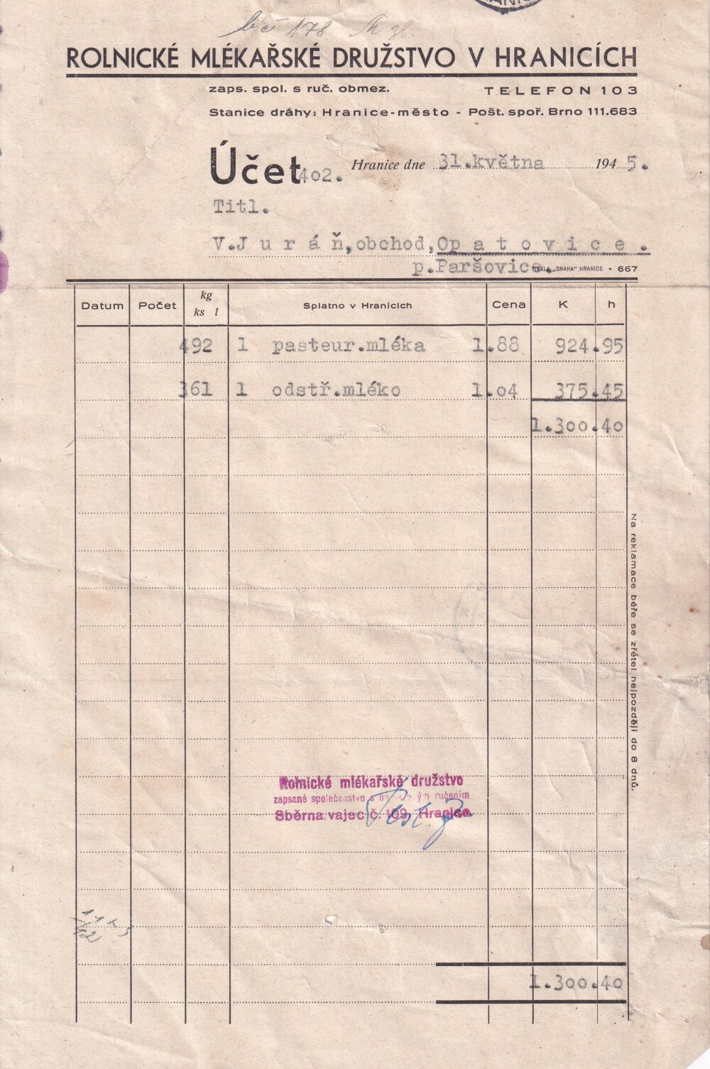 Hlavičkový účet Rolnické mlékařské družstvo