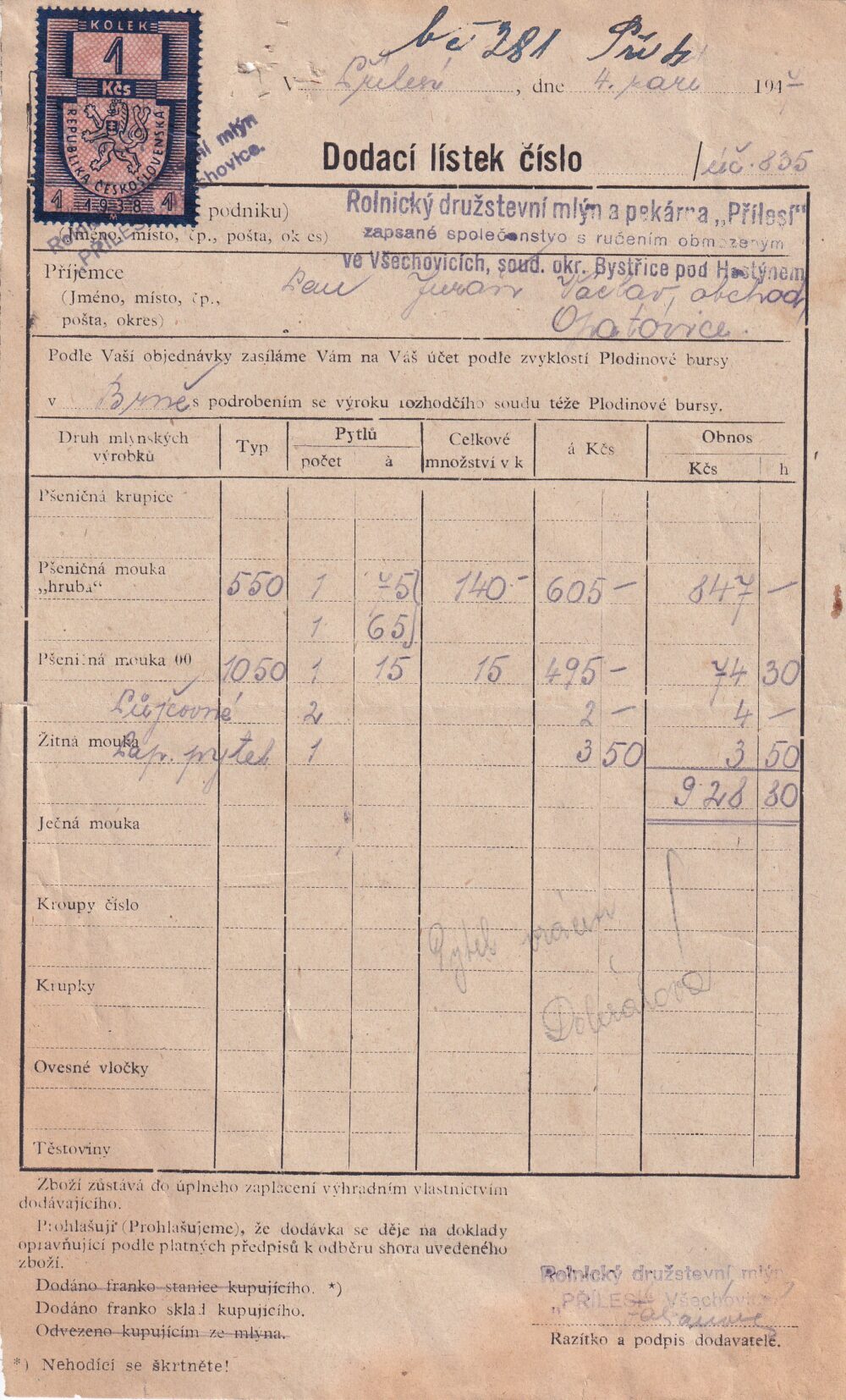 Hlavičkový účet Rolnické družstevní mlýn