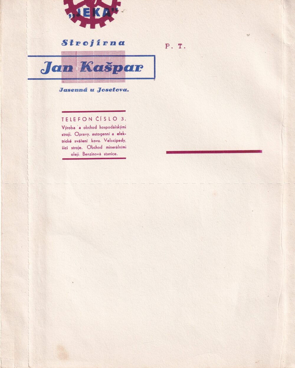 Hlavičkové účty Strojírna, Jan Kašpar, Jesenná