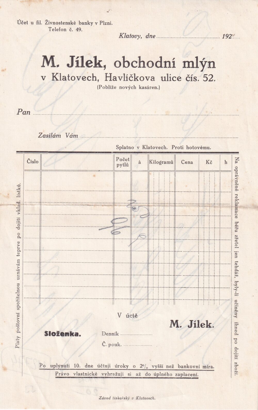 Hlavičkové účty Obchodní mlýn, M. Jílek