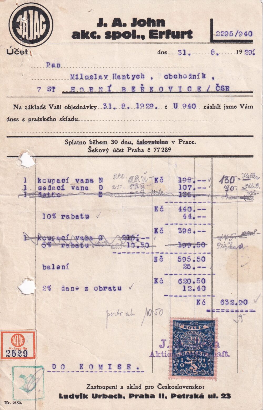 Hlavičkové účty Efrurt a.s., J. A. John