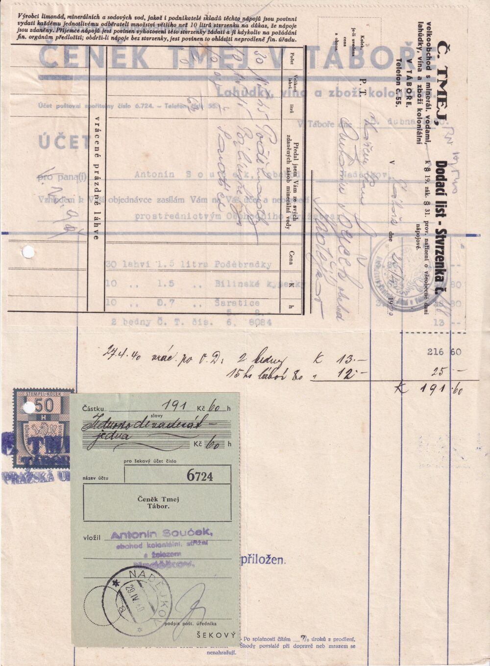 Hlavičkové účty Koloniál, Čeněk Tmej, Tábor