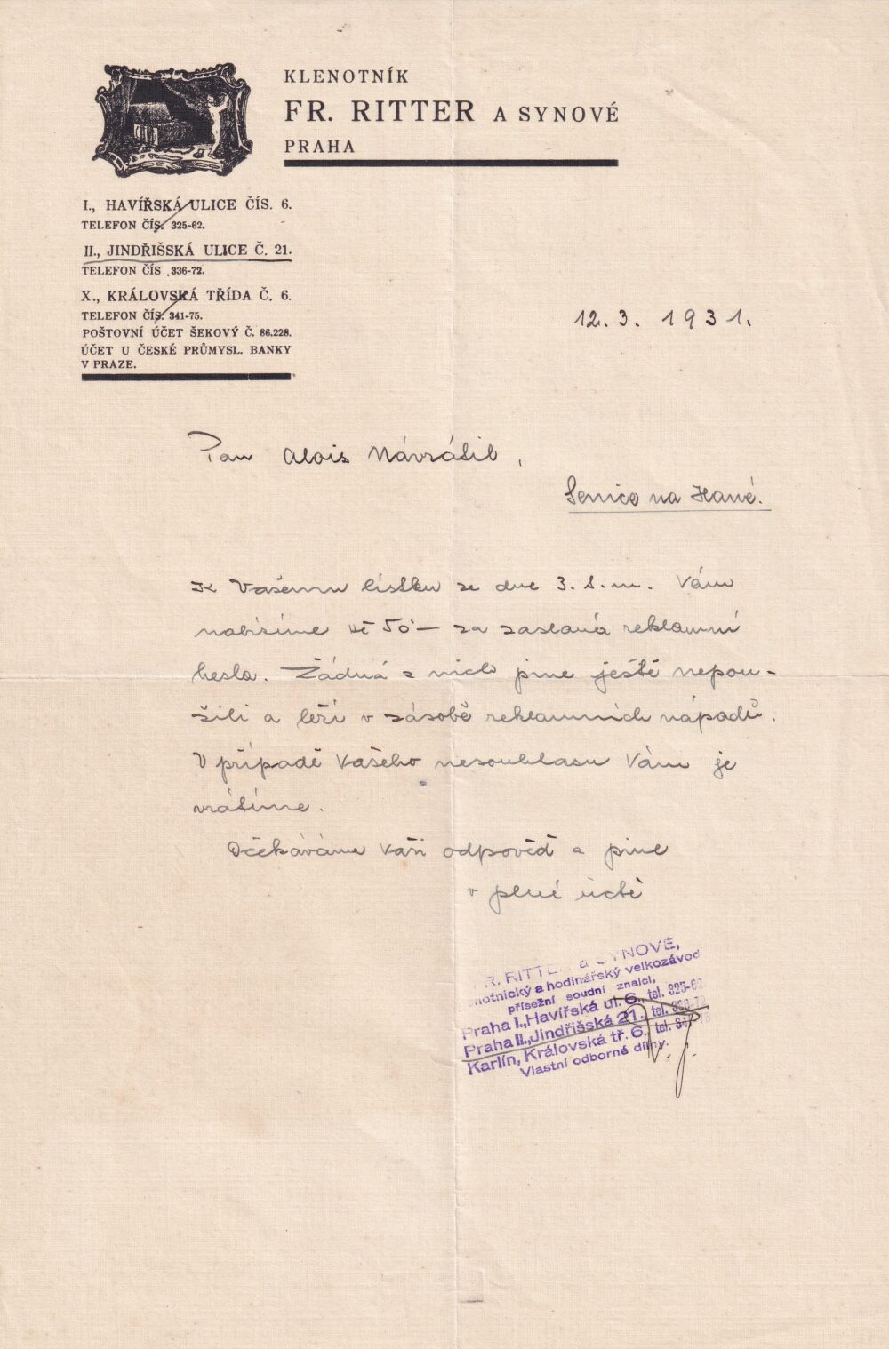 Hlavičkové účty Klenotník, Fr. Ritter a synové