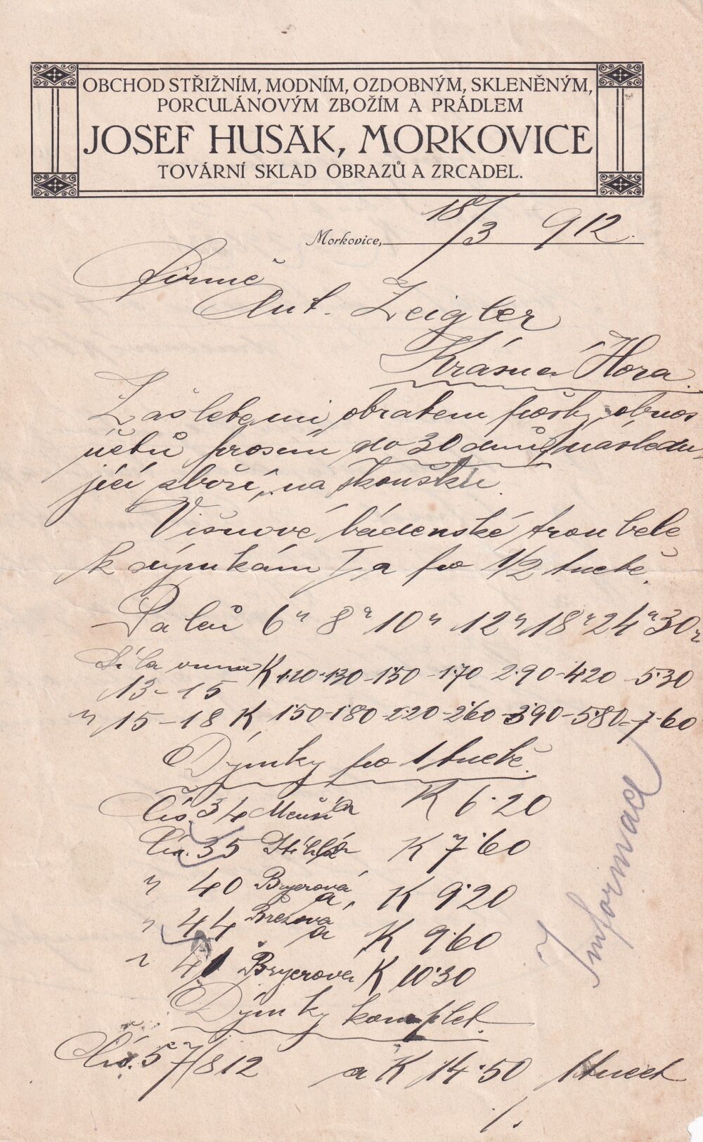 Hlavičkové účty Obrazy a zrcadla, Morkovice