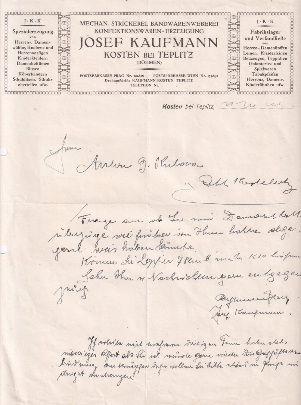 Hlavičkové účty Josef Kaufmann, Teplice