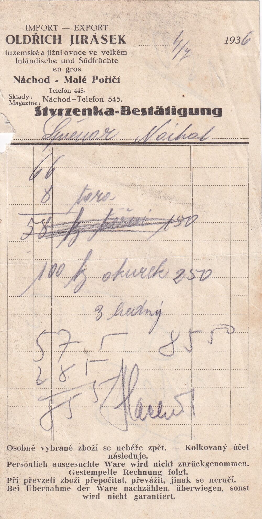 Hlavičkové účty Tuzemské a jižní ovoce, Náchod