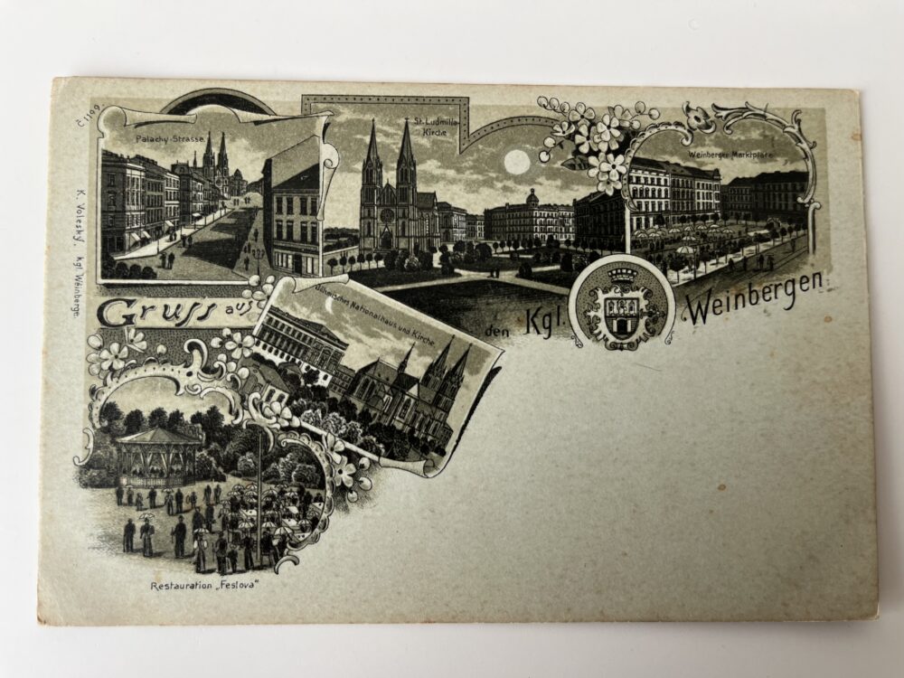 Pohlednice místopis Praha - Kostel sv. Ludmily, Tržiště koláž