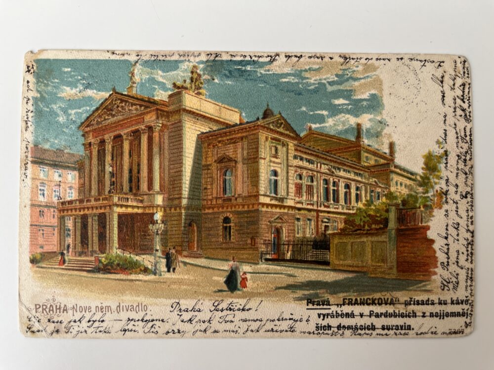 Pohlednice Praha Nové německé divadlo / razítko Francovka r.1903