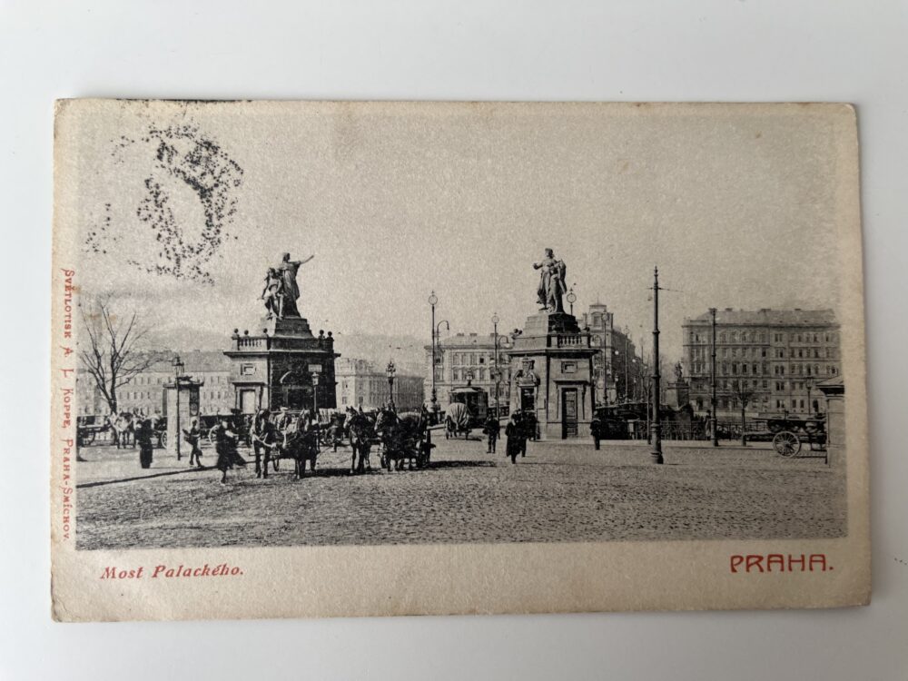 Pohlednice místopis Praha - Most Palackého, koně s vozy r.1906