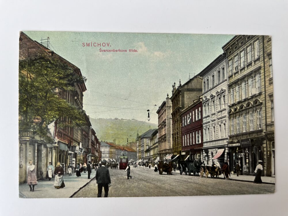 Pohlednice Praha Smíchov - Švarcenberkova třída, koně s vozy