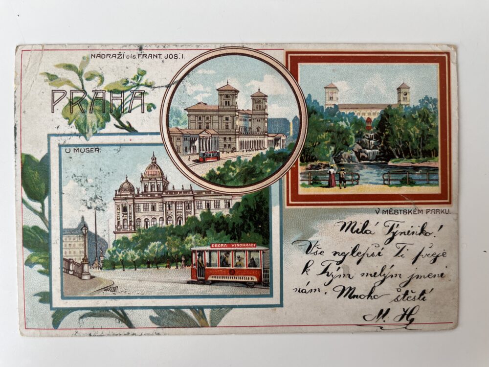 Pohlednice místopis Praha koláž - Museum, v parku, tramvaj 1904