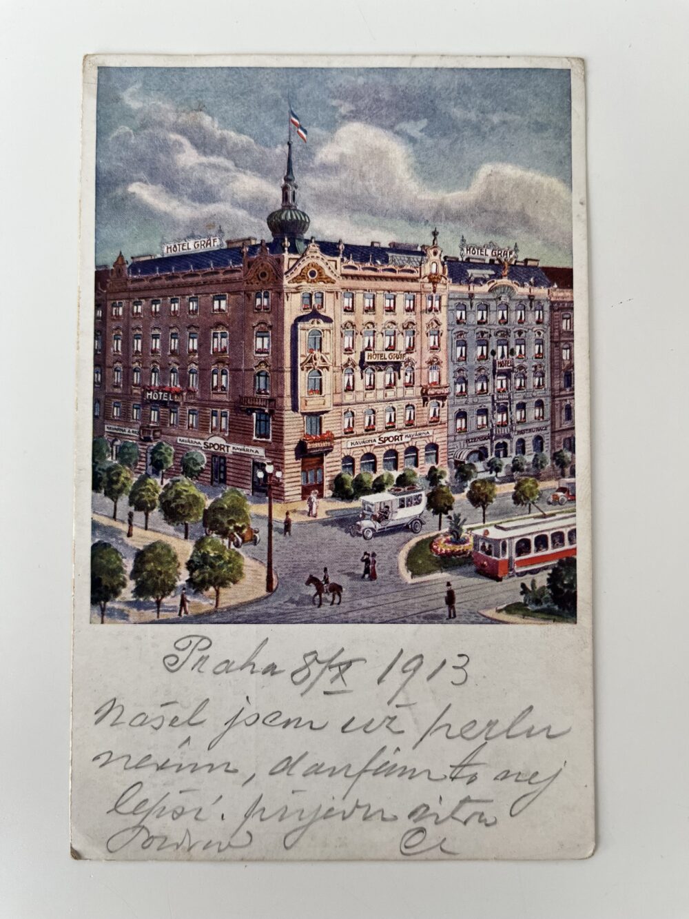 Pohlednice místopis Praha - Rodinný hotel GRÁF, kavárna Sport 1913