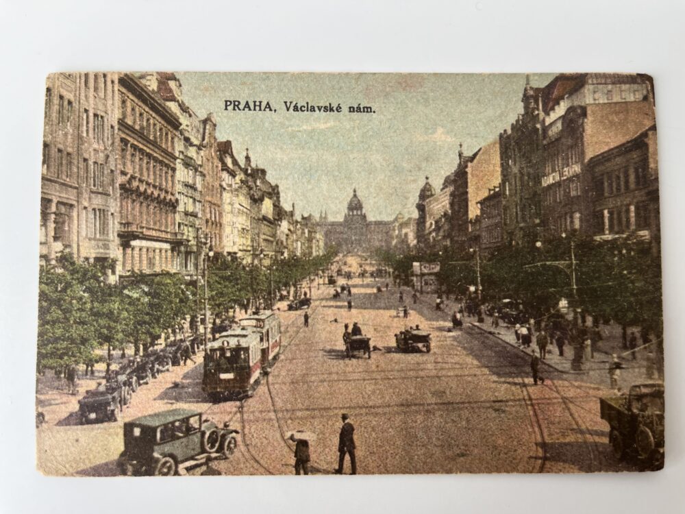 Pohlednice místopis Praha Václavské náměstí, tramvaj, automobily
