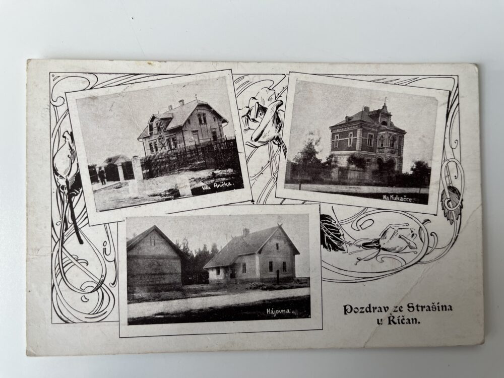 Pohlednice Strašín u Říčan, koláž Hájovna r. 1910 okres Praha východ