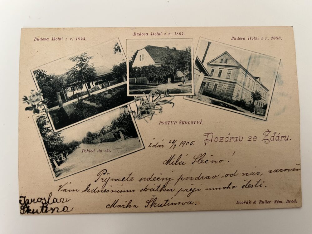 Pohlednice Žďár, koláž - Školy, pohled do vsi okr. Mladá Boleslav 1905