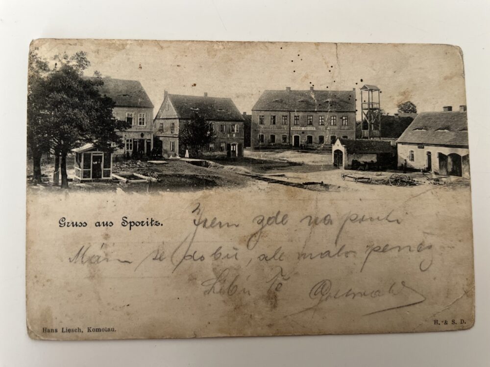 Pohlednice místopis SPOŘICE, střed obce okres Chomutov, RU