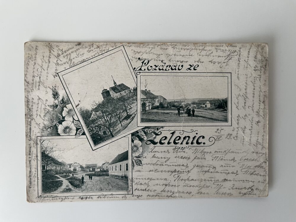 Pohlednice Želenice Kostel a dřevěná zvonice, koláž okres Kladno 1913