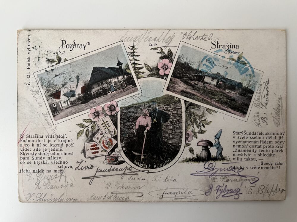 Pohlednice Strašín koláž - manželé Šundovi, náves Praha východ RU