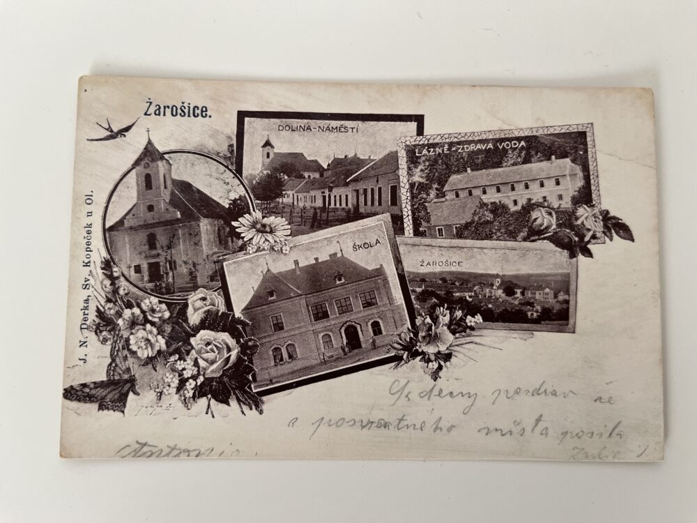Pohlednice Žarošice, koláž Lázně - Zdravá voda, škola okres Hodonín RU