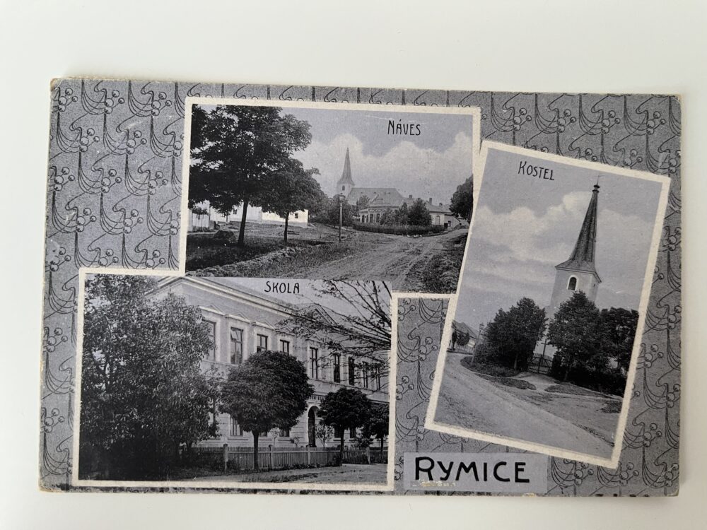 Pohlednice Rymice, koláž - Náves, škola, kostel okres Kroměříž RU