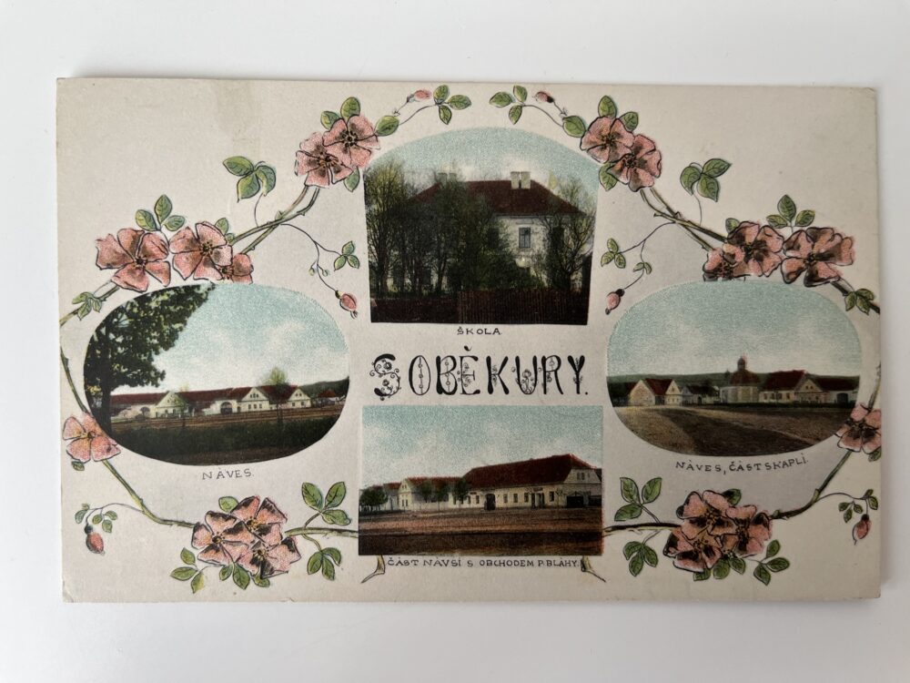Pohlednice Soběkury, koláž - náves, škola, obchod okres Plzeň jih