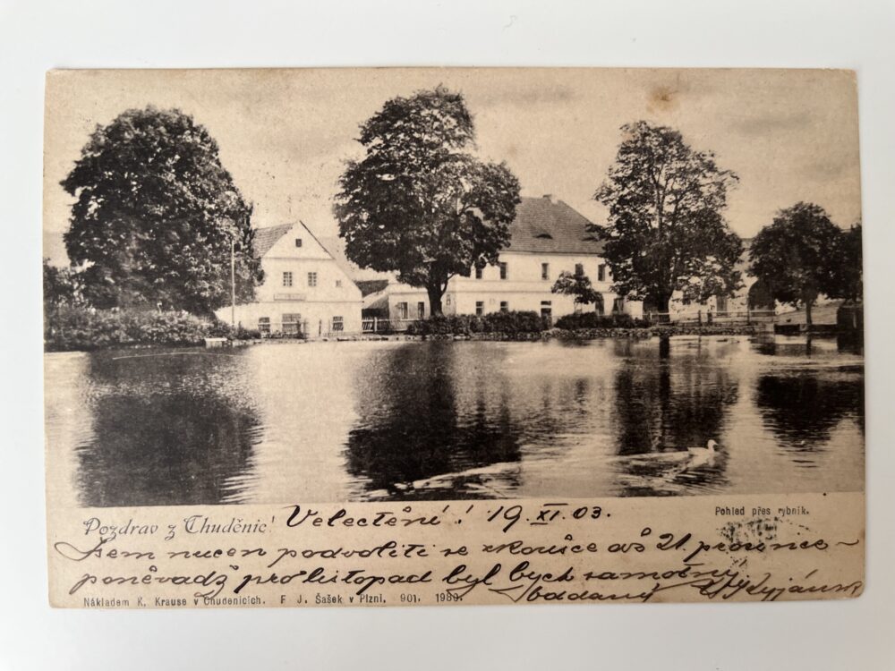Pohlednice Chudenice - pohled přes rybník, okres Klatovy 1903