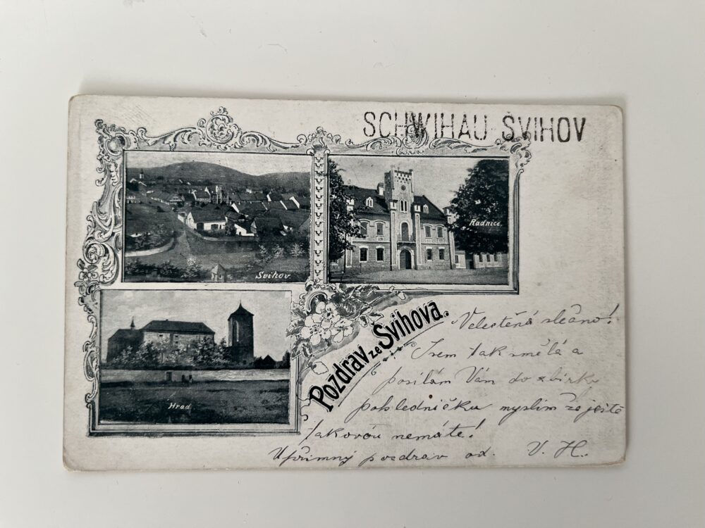 Pohlednice Švihov, koláž - Švihov, radnice, hrad okres Klatovy r.1900
