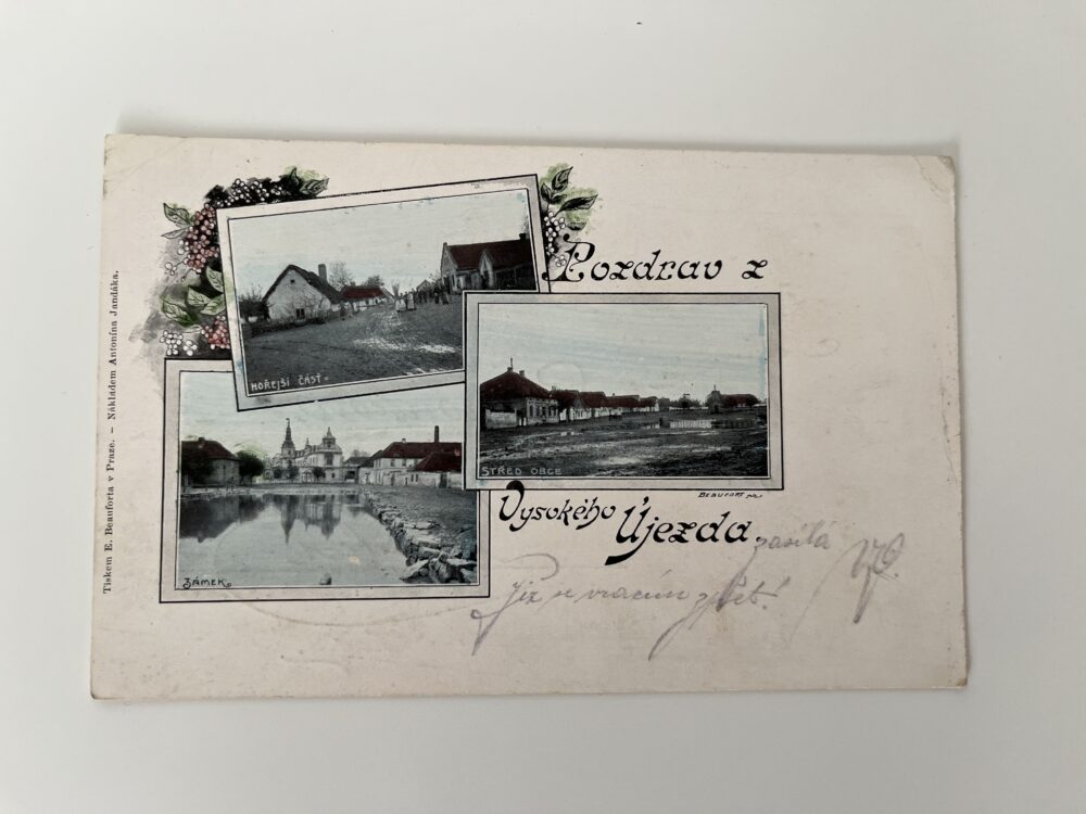 Pohlednice Vysoký Újezd, koláž - střed obce, zámek okres Beroun RU