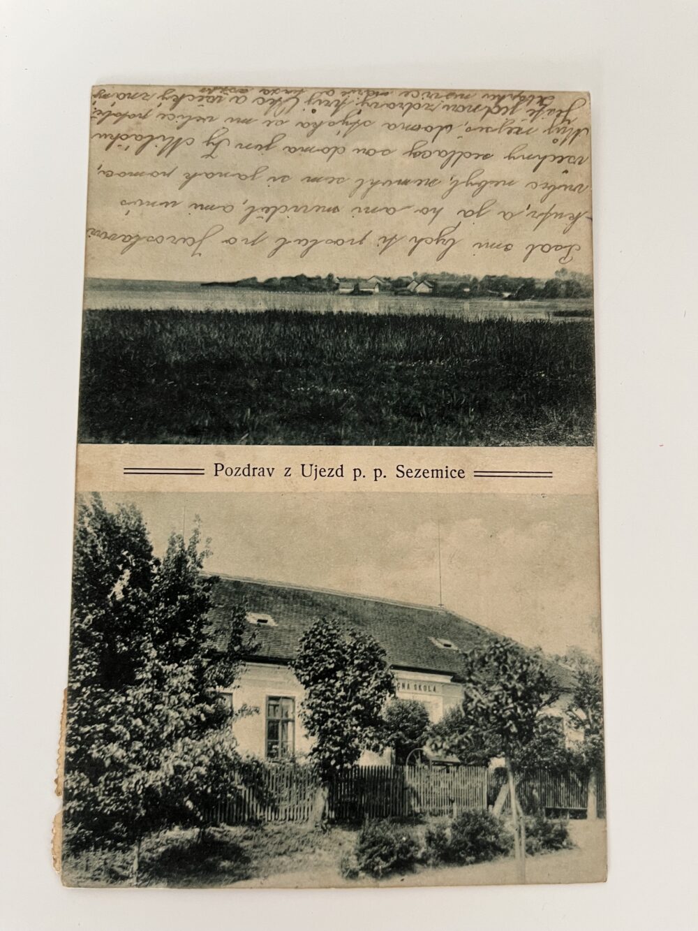 Pohlednice Újezd u Sezemic, koláž, škola, okres Pardubice RU