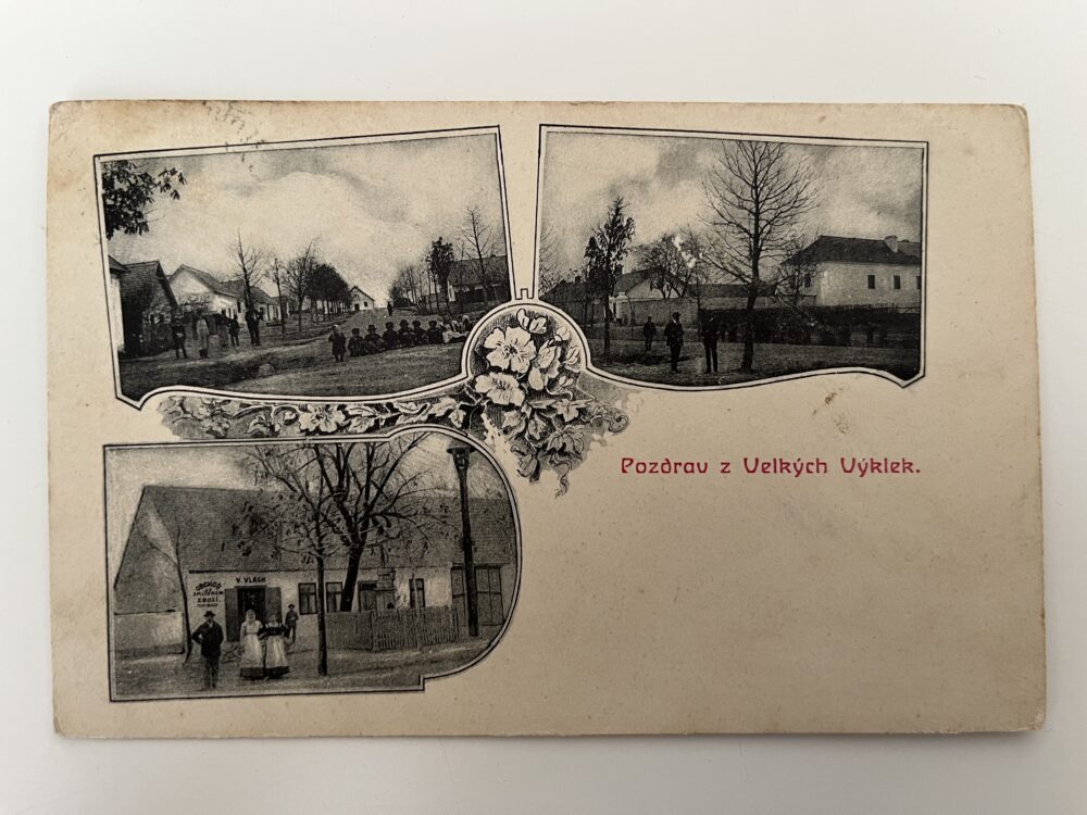 Pohlednice Velké Výkleky, koláž Náves, děti, obchod okres Nymburk RU