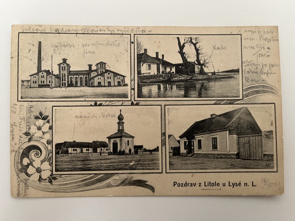 Pohlednice Litol u Lysé n.L., koláž cukrovar, náměstí okres Nymburk RU
