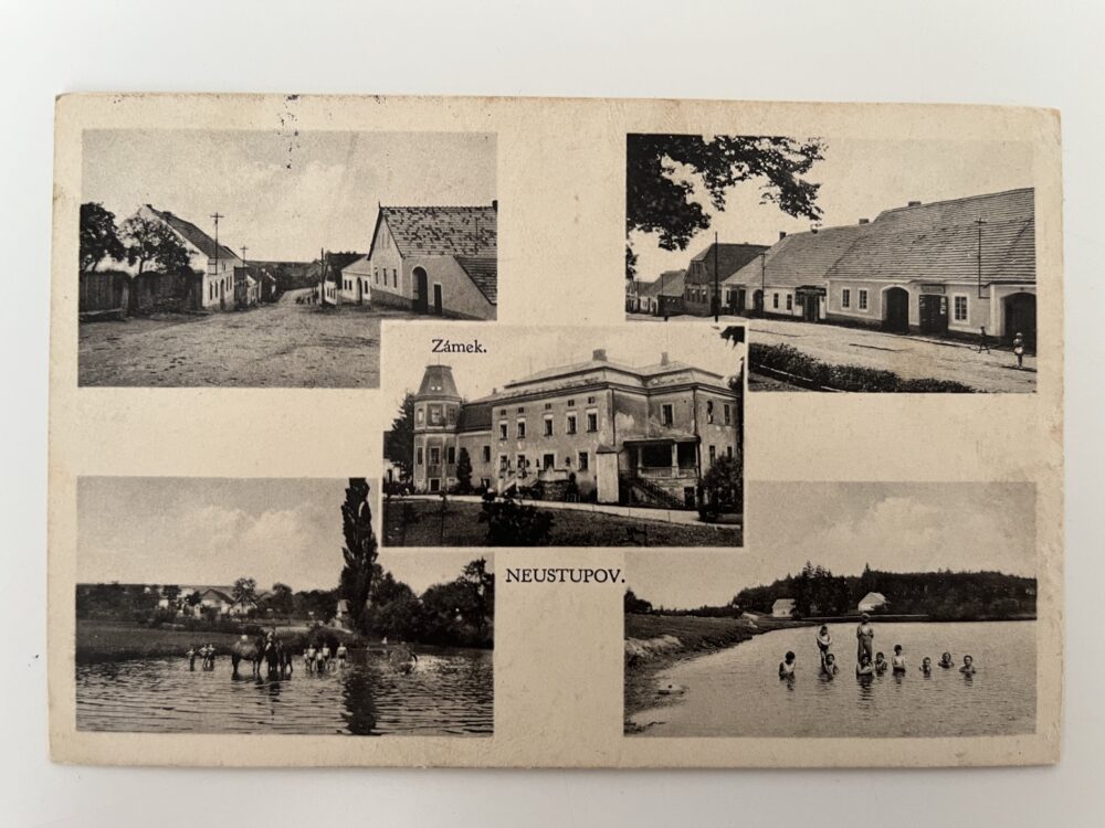Pohlednice Neustupov, koláž - Zámek, obchody okres Benešov r.1938