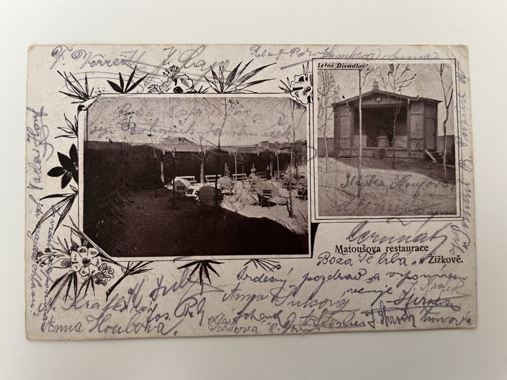 Pohlednice Žižkov Matoušova restaurace, letní divadlo koláž Praha 1903