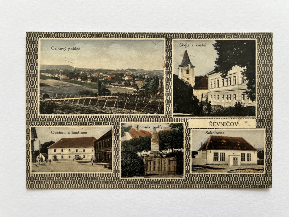 Pohlednice Řevničov koláž Sokolovna obchod hostinec, okr.Rakovník 1929