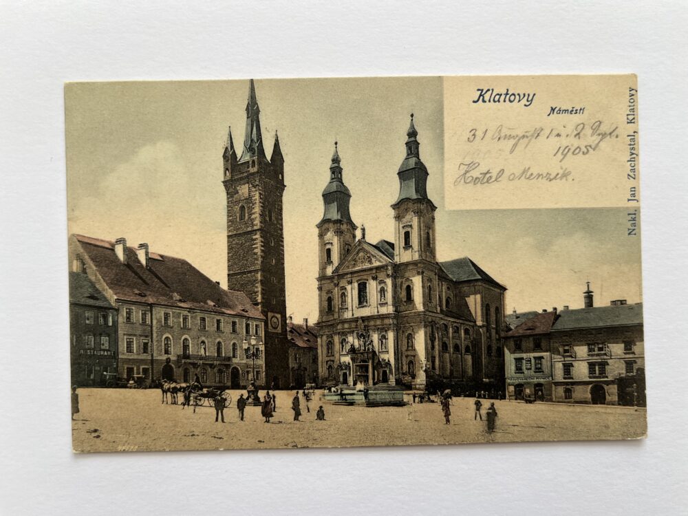 Pohlednice Klatovy - náměstí, kostel, pivnice Rakousko-Uhersko