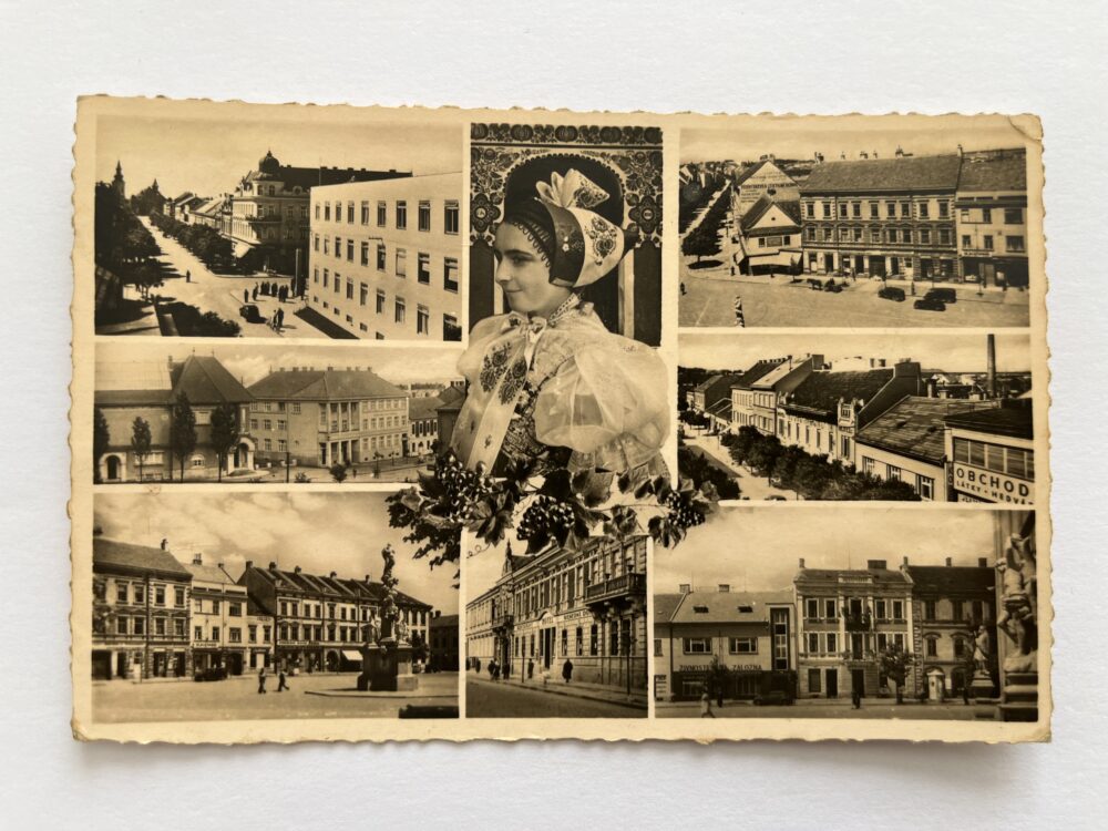 Pohlednice místopis HODONÍN, koláž - žena v kroji r.1943